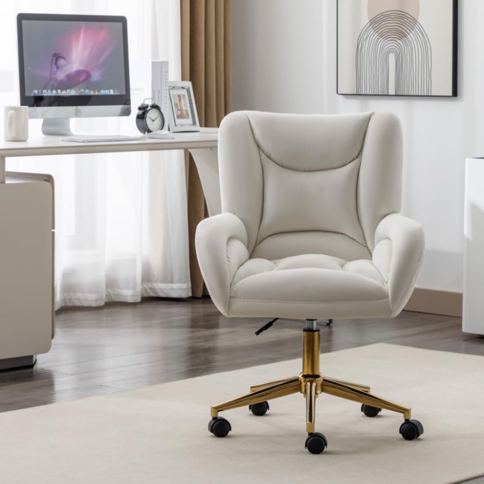 Silla de escritorio, silla giratoria, material de terciopelo, altura ajustable, ruedas giratorias 360°, silla de ordenador para la oficina en casa en interiores con patas doradas (Ivory)