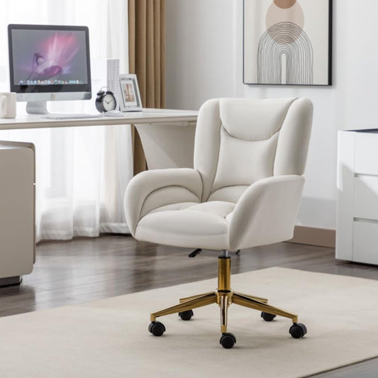 Silla de escritorio, silla giratoria, material de terciopelo, altura ajustable, ruedas giratorias 360°, silla de ordenador para la oficina en casa en interiores con patas doradas (Ivory)