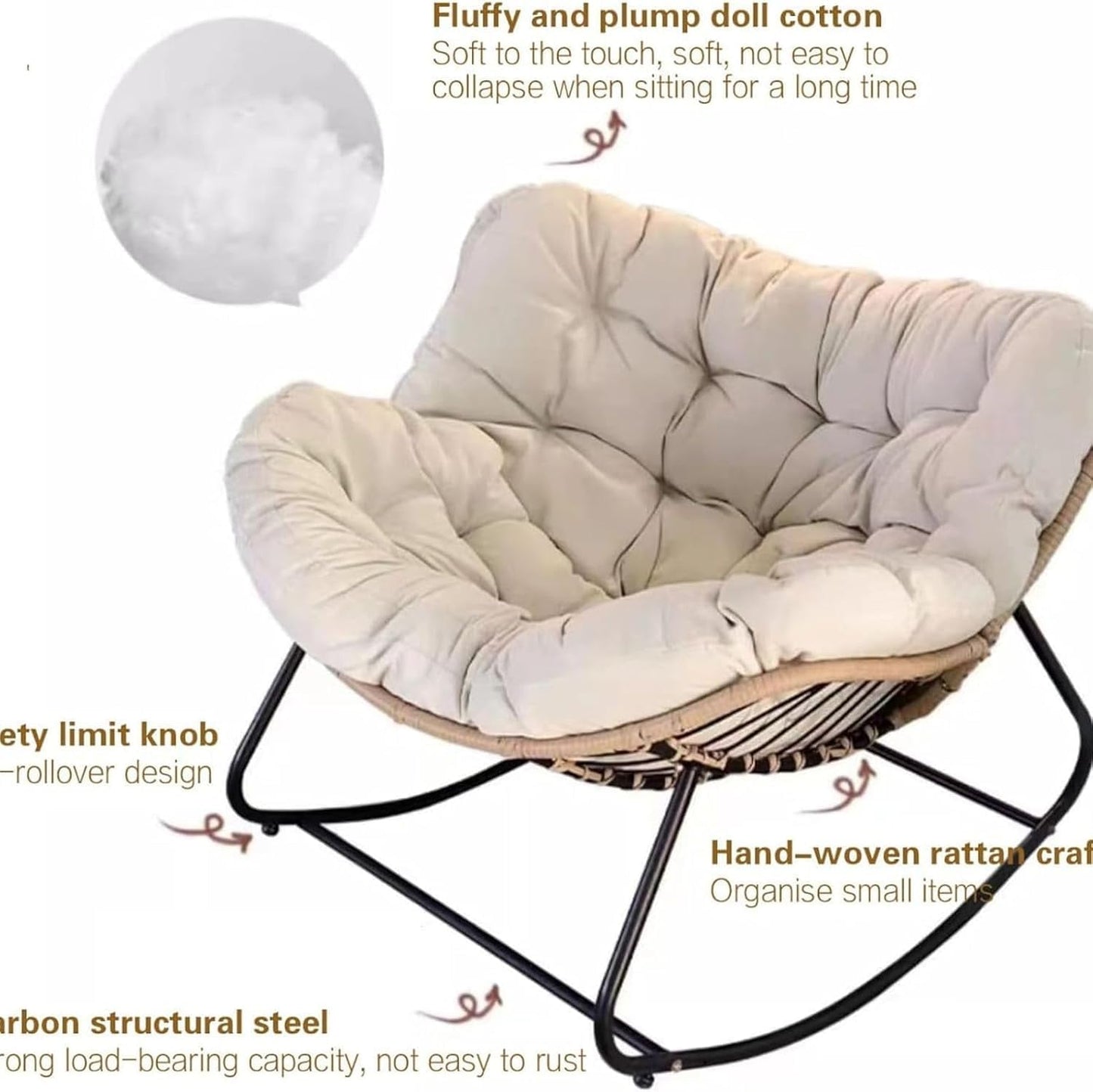 Mecedora para exteriores, silla de estilo libre de huevos para interiores y exteriores, con cojín y marco, cómoda silla mecedora tapizada, silla moderna para jardín, patio trasero (gris)