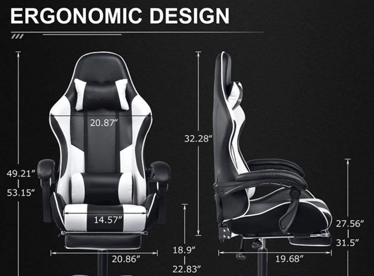 Silla ergonómica para videojuegos, silla de oficina, silla giratoria, ajustable, reposapiés reclinable, color blanco