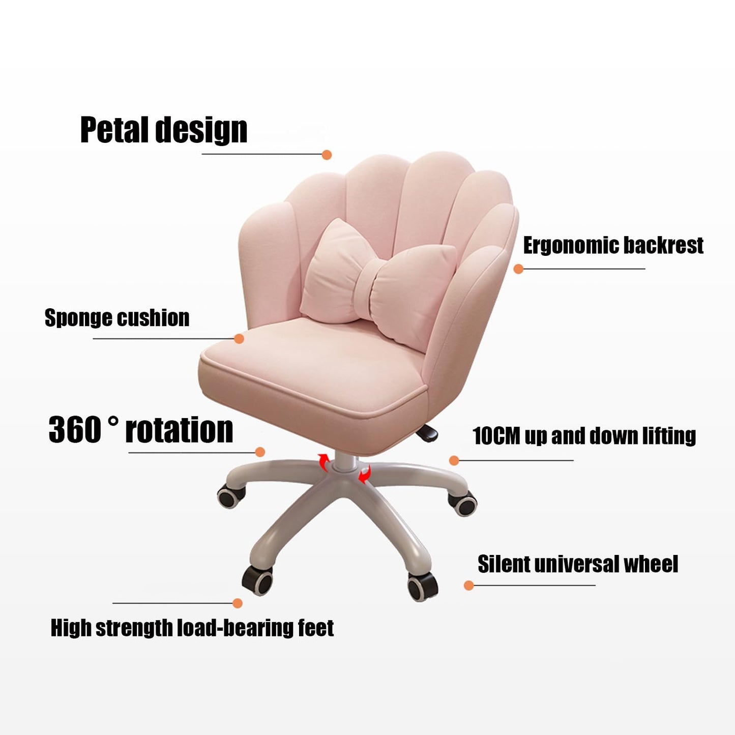 Pink Ergonomic Computer Office Chair with 360° Rotation Rebound Cotton Cushion Five Star Feet 200kg Load Bearing