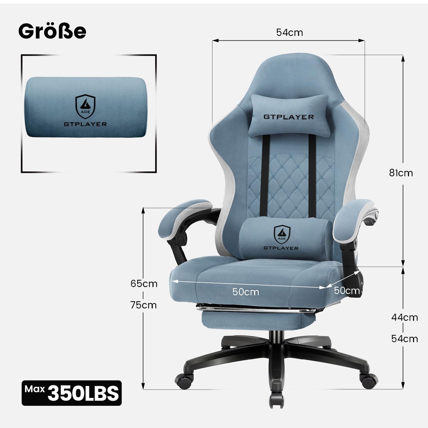 GTPLAYER Silla de Gaming de Tela, sillón para Videojuegos con cojín de muelles ensacados, Silla giratoria ergonómica, Silla Gamer con reposapiés, Capacidad de Carga de 150 kg, Azul Claro