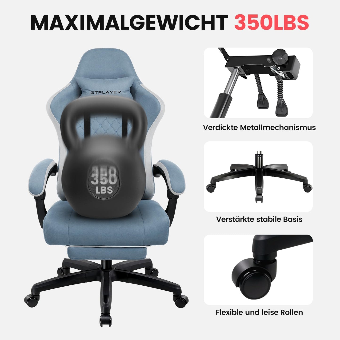 GTPLAYER Silla de Gaming de Tela, sillón para Videojuegos con cojín de muelles ensacados, Silla giratoria ergonómica, Silla Gamer con reposapiés, Capacidad de Carga de 150 kg, Azul Claro