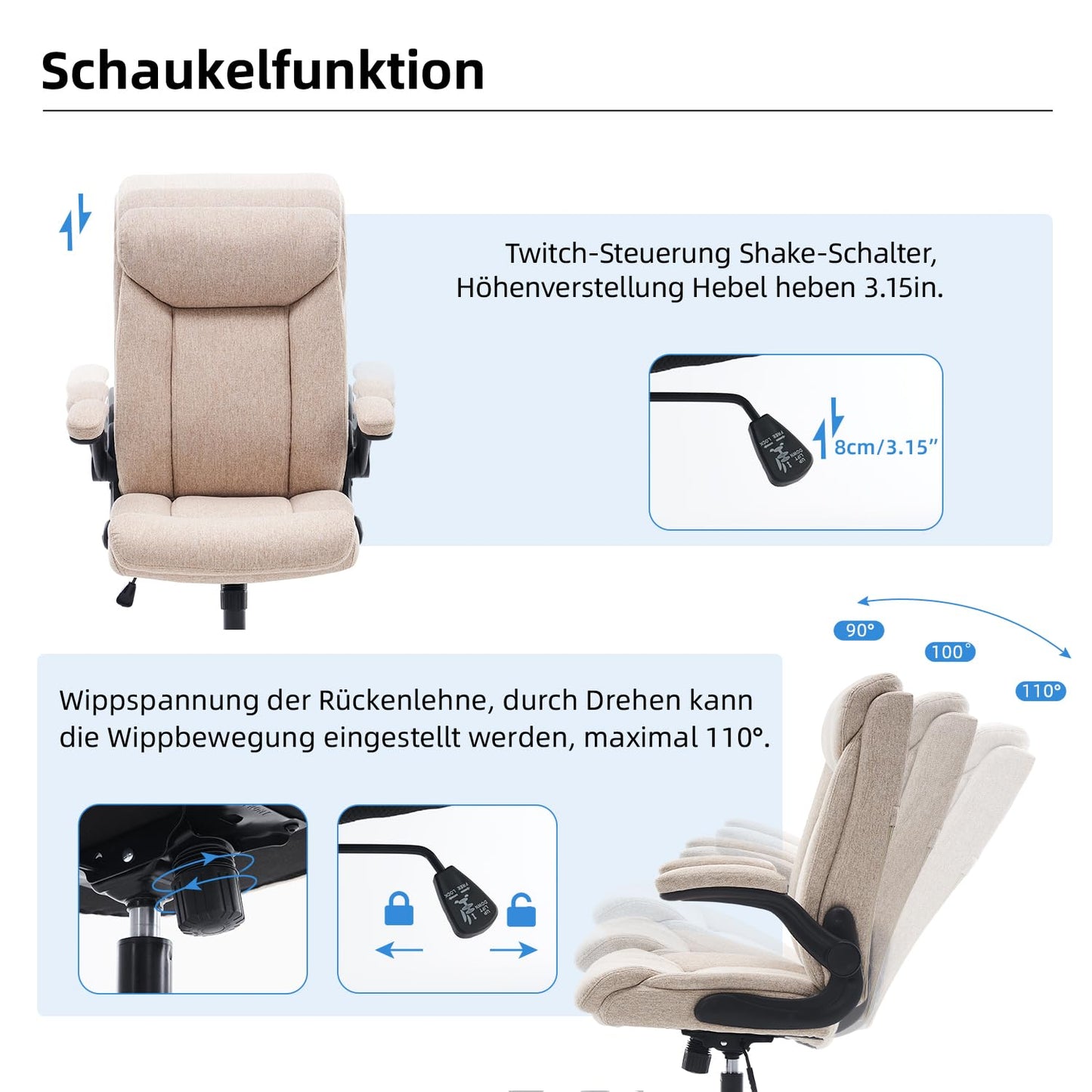 Ergonomic Office Chair with Fold Up Armrest Height Adjustable Comfortable Computer Desk Chair for Office Home Gaming Rotating Work Chair in Beige Fabric
