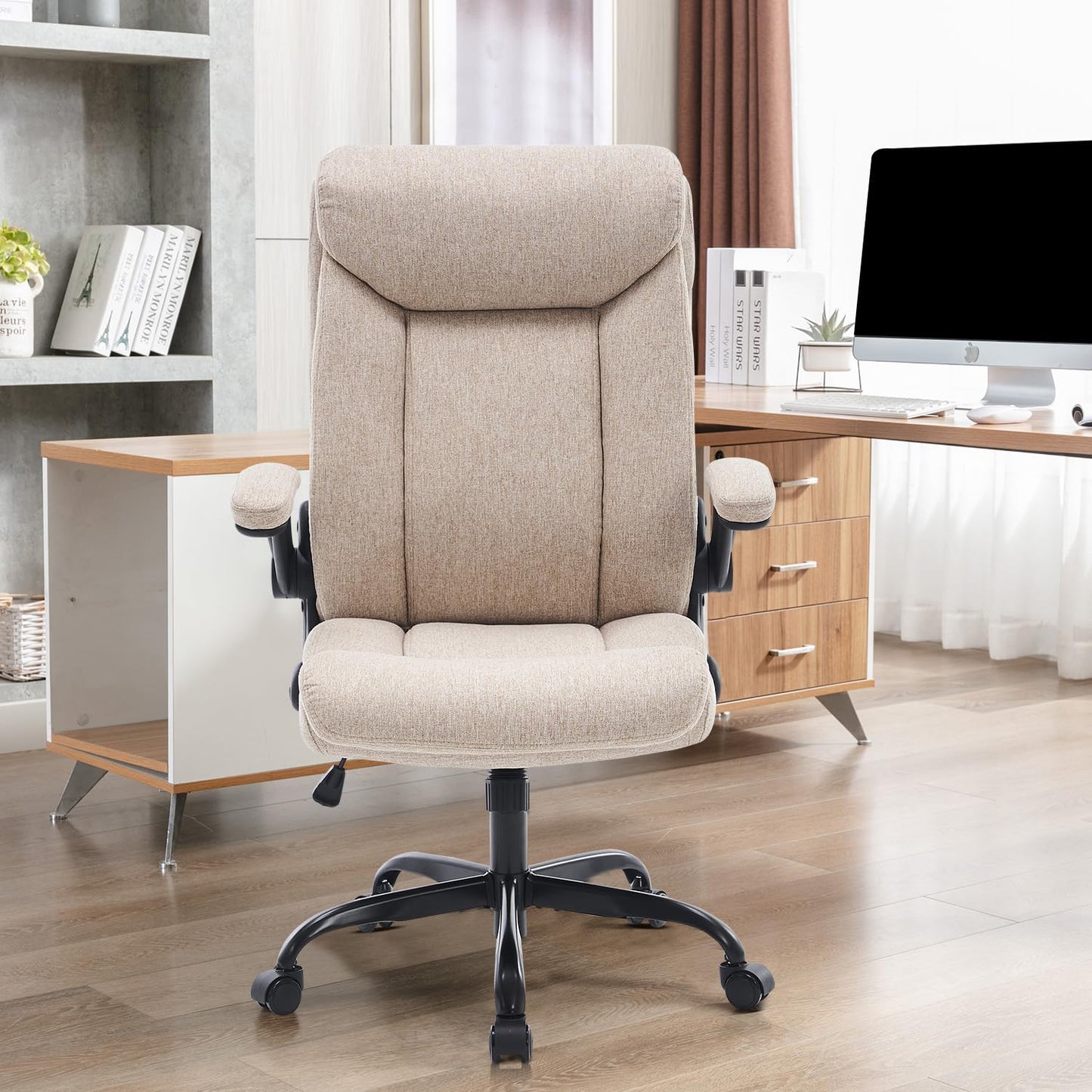 Ergonomic Office Chair with Fold Up Armrest Height Adjustable Comfortable Computer Desk Chair for Office Home Gaming Rotating Work Chair in Beige Fabric