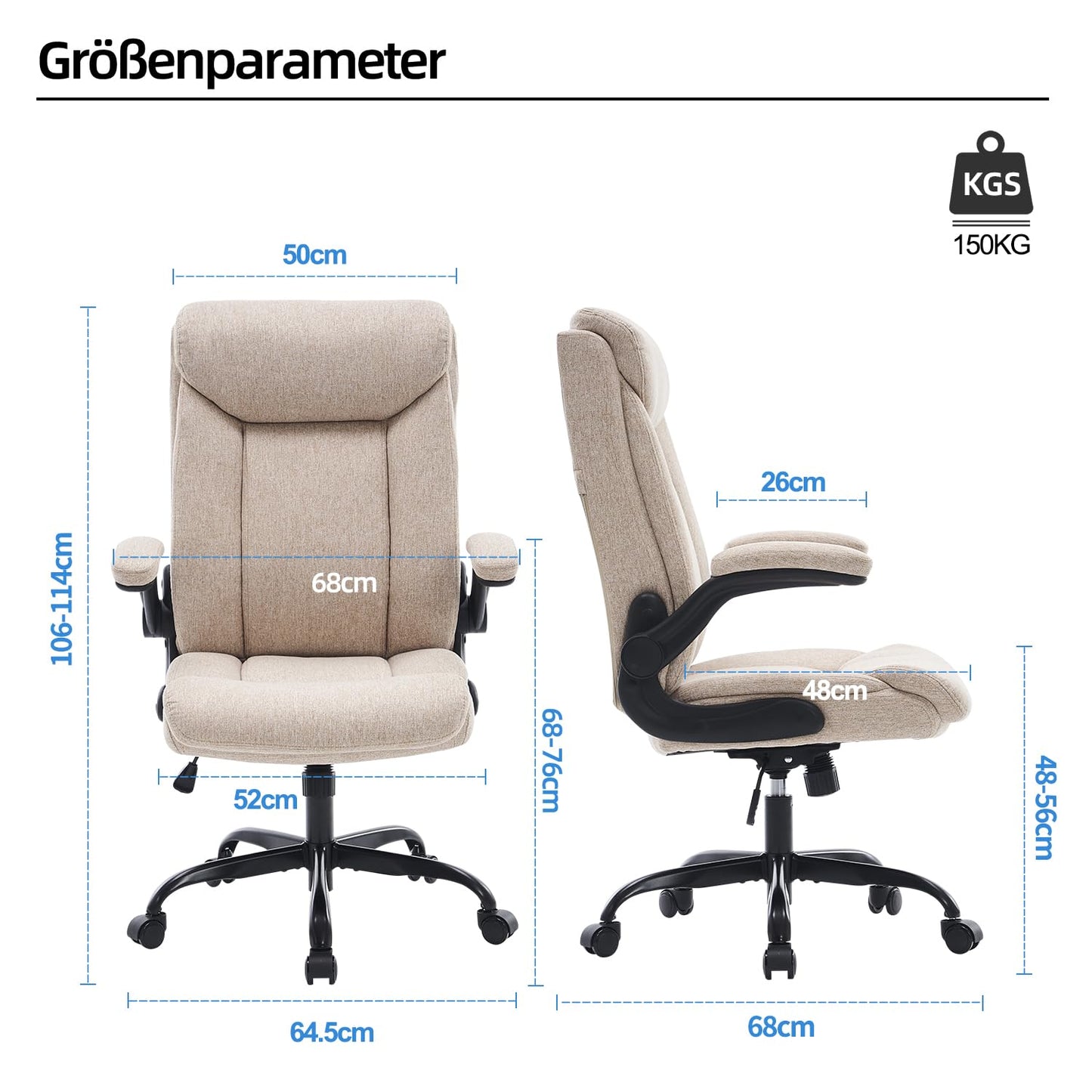 Ergonomic Office Chair with Fold Up Armrest Height Adjustable Comfortable Computer Desk Chair for Office Home Gaming Rotating Work Chair in Beige Fabric