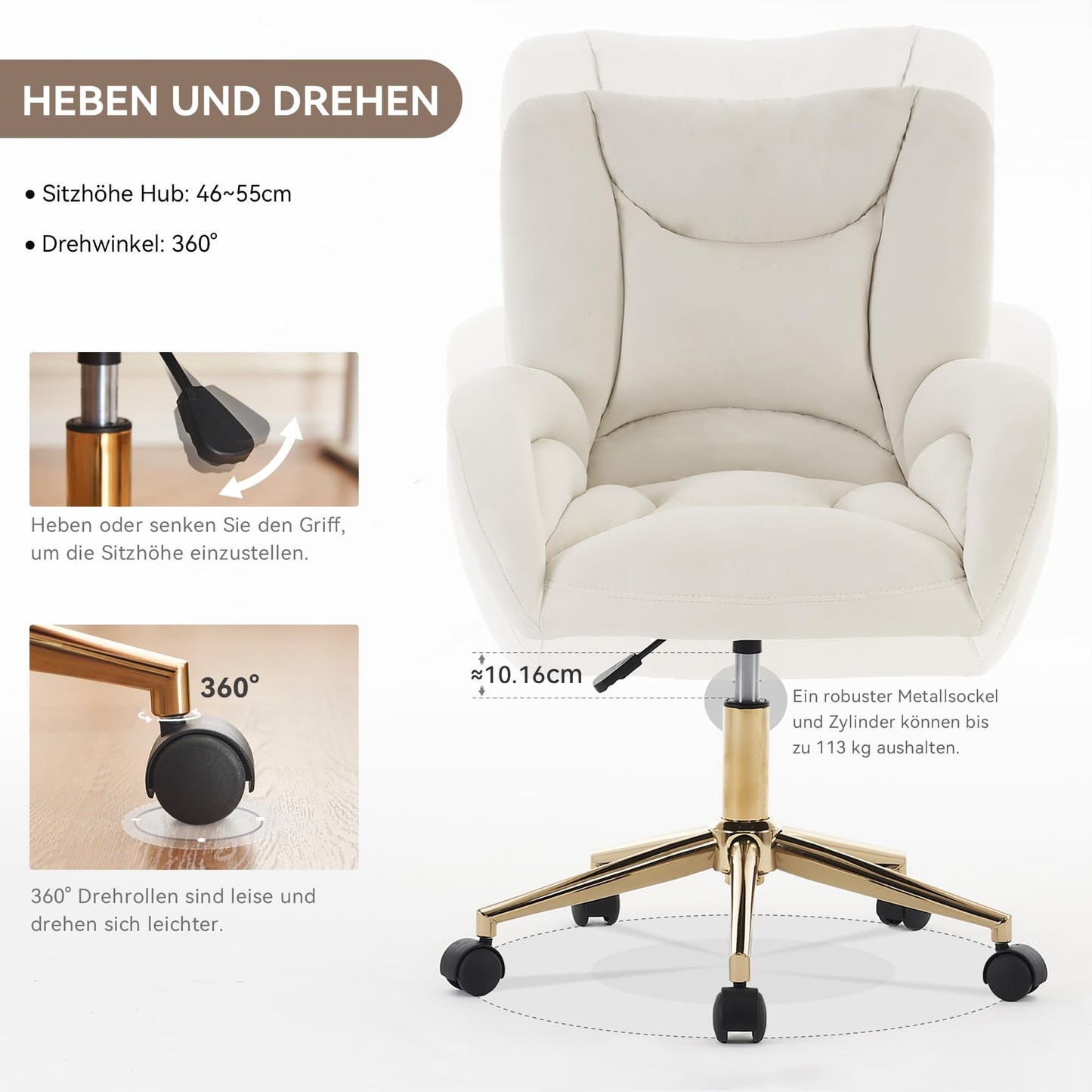 Silla de escritorio, silla giratoria, material de terciopelo, altura ajustable, ruedas giratorias 360°, silla de ordenador para la oficina en casa en interiores con patas doradas (Ivory)