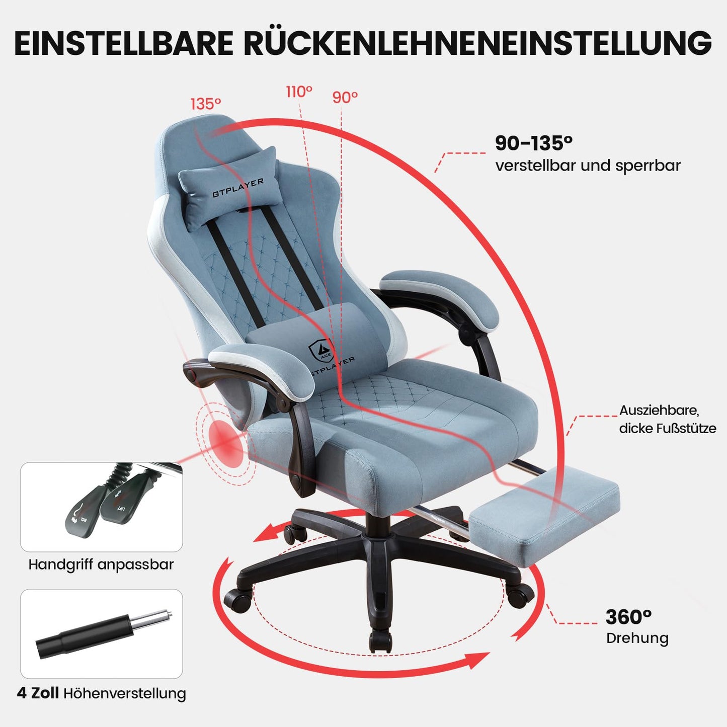 GTPLAYER Silla de Gaming de Tela, sillón para Videojuegos con cojín de muelles ensacados, Silla giratoria ergonómica, Silla Gamer con reposapiés, Capacidad de Carga de 150 kg, Azul Claro