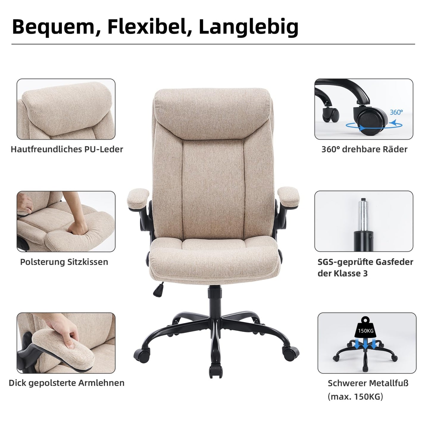 Ergonomic Office Chair with Fold Up Armrest Height Adjustable Comfortable Computer Desk Chair for Office Home Gaming Rotating Work Chair in Beige Fabric