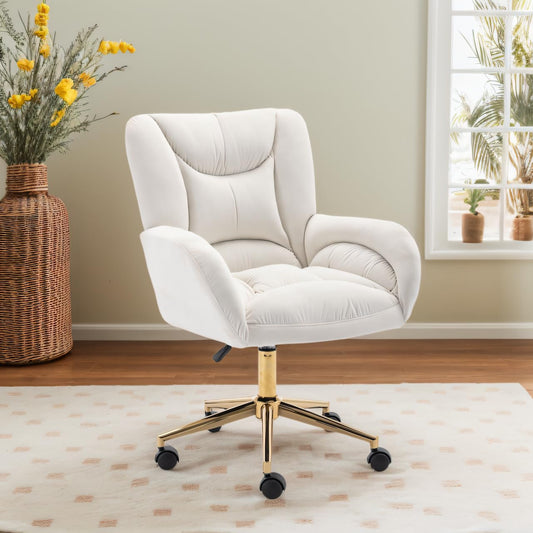 Silla de escritorio, silla giratoria, material de terciopelo, altura ajustable, ruedas giratorias 360°, silla de ordenador para la oficina en casa en interiores con patas doradas (Ivory)