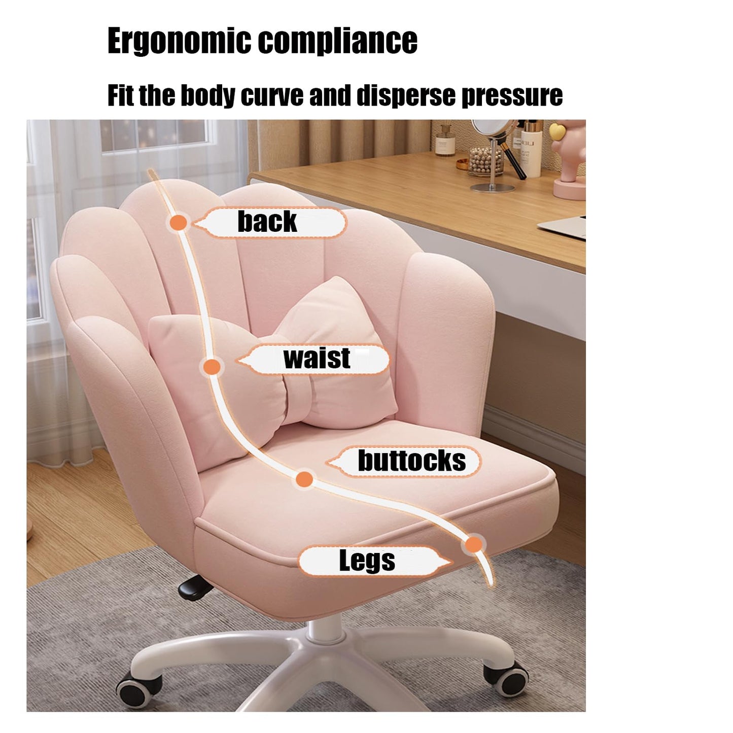 Pink Ergonomic Computer Office Chair with 360° Rotation Rebound Cotton Cushion Five Star Feet 200kg Load Bearing