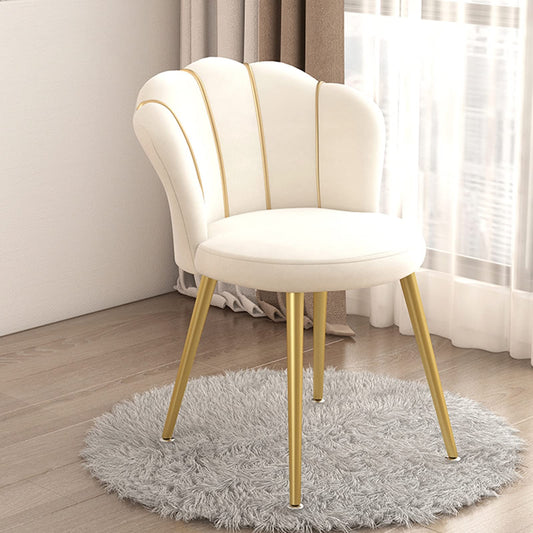 Silla de tocador blanca con respaldo, silla de salón en forma de concha con patas de metal dorado y asiento de tela acolchado para oficina en casa, dormitorio, cocina, elegante y cómoda