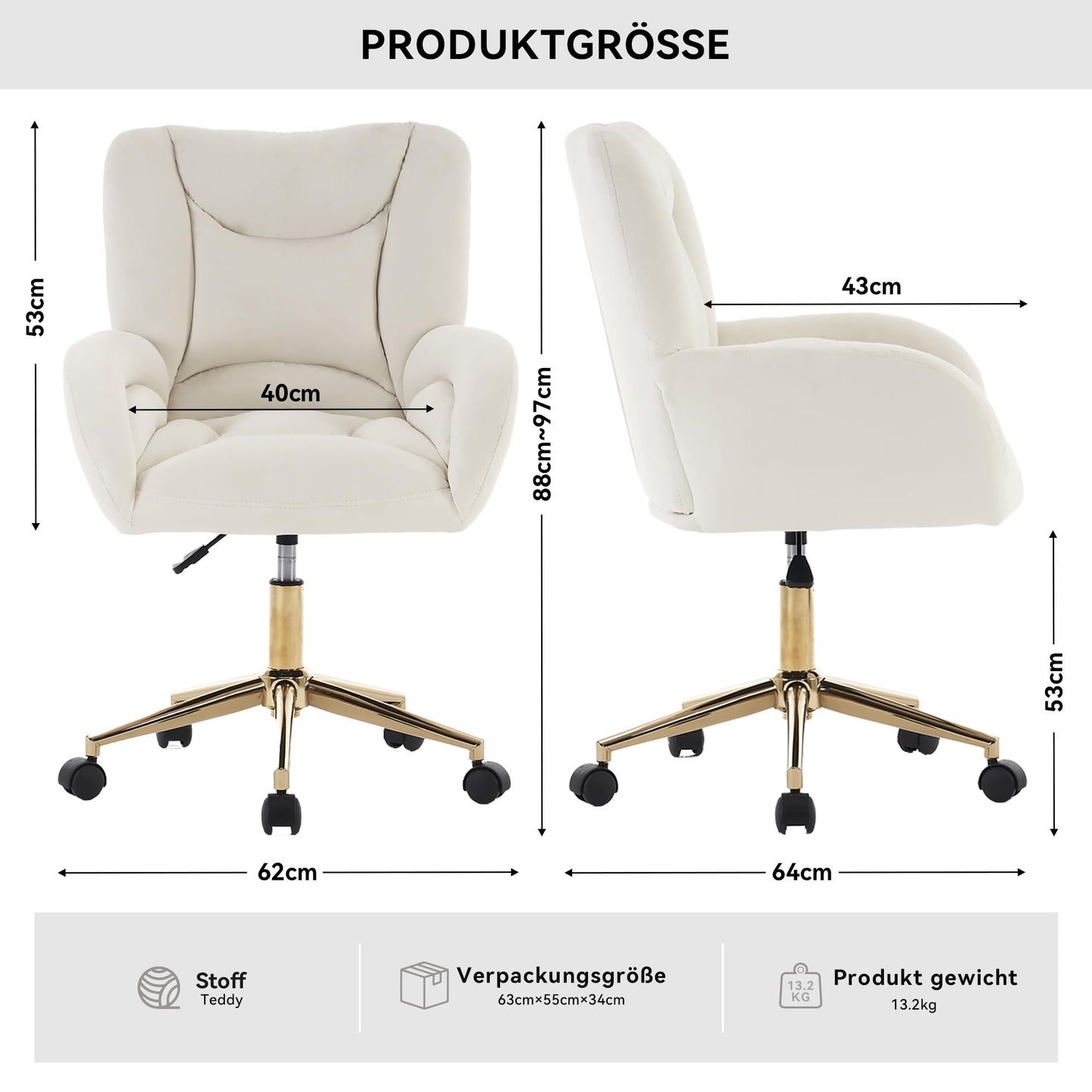 Silla de escritorio, silla giratoria, material de terciopelo, altura ajustable, ruedas giratorias 360°, silla de ordenador para la oficina en casa en interiores con patas doradas (Ivory)