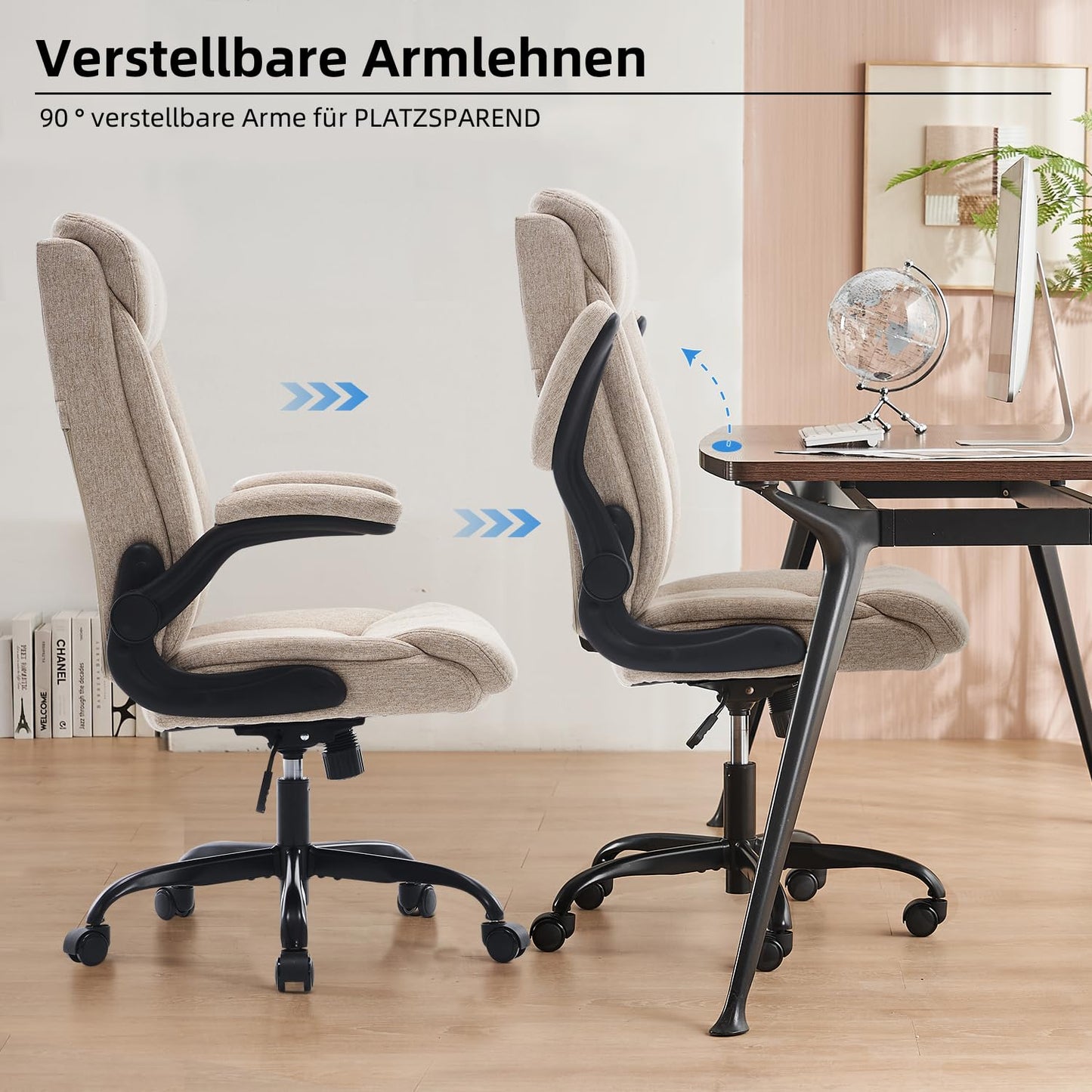 Ergonomic Office Chair with Fold Up Armrest Height Adjustable Comfortable Computer Desk Chair for Office Home Gaming Rotating Work Chair in Beige Fabric