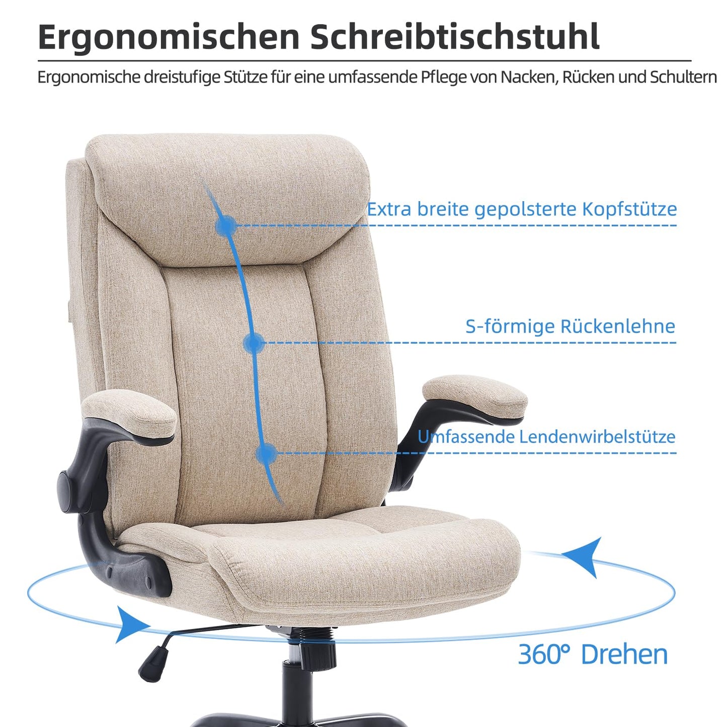 Ergonomic Office Chair with Fold Up Armrest Height Adjustable Comfortable Computer Desk Chair for Office Home Gaming Rotating Work Chair in Beige Fabric