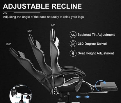 Silla ergonómica para videojuegos, silla de oficina, silla giratoria, ajustable, reposapiés reclinable, color blanco