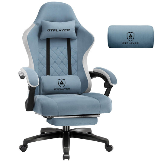 GTPLAYER Silla de Gaming de Tela, sillón para Videojuegos con cojín de muelles ensacados, Silla giratoria ergonómica, Silla Gamer con reposapiés, Capacidad de Carga de 150 kg, Azul Claro