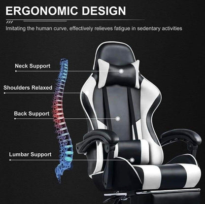 Silla ergonómica para videojuegos, silla de oficina, silla giratoria, ajustable, reposapiés reclinable, color blanco