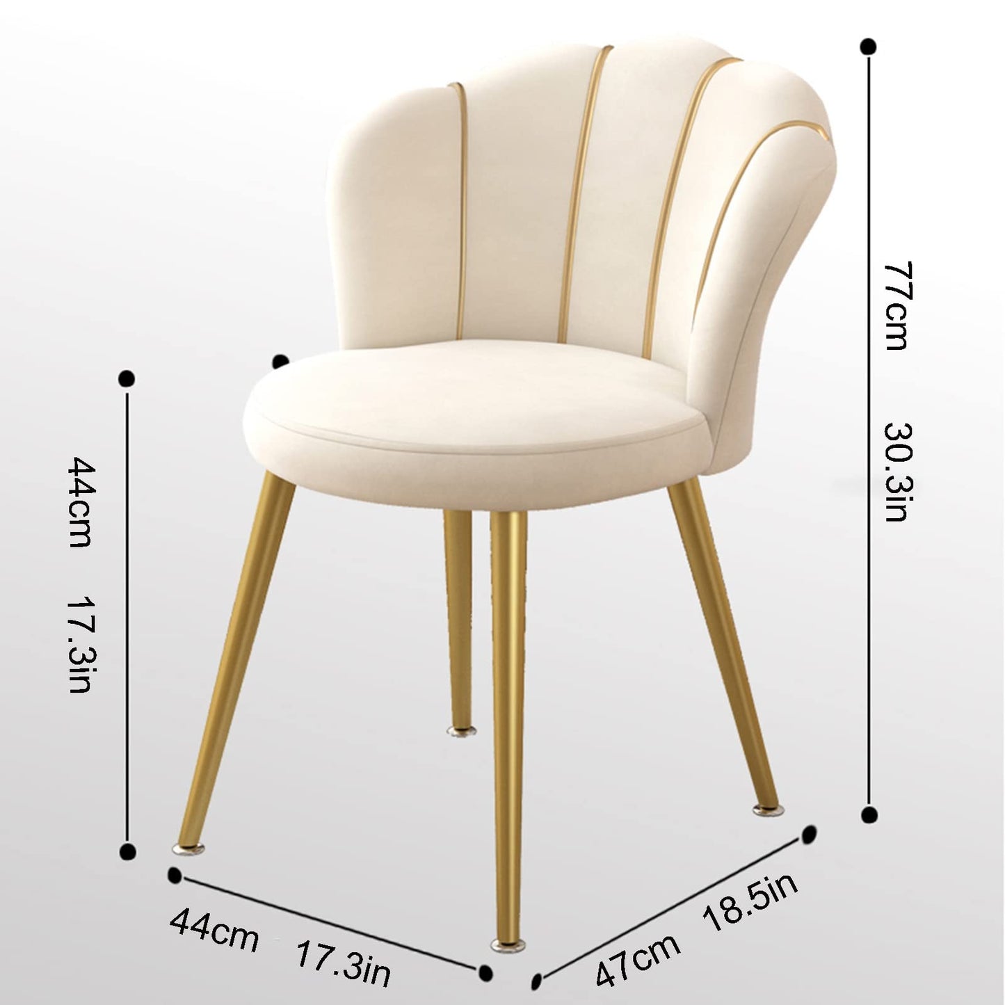 Silla de tocador blanca con respaldo, silla de salón en forma de concha con patas de metal dorado y asiento de tela acolchado para oficina en casa, dormitorio, cocina, elegante y cómoda