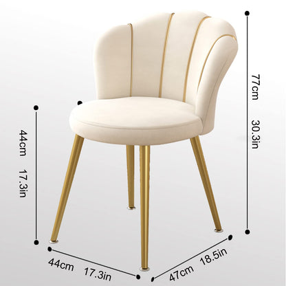 Silla de tocador blanca con respaldo, silla de salón en forma de concha con patas de metal dorado y asiento de tela acolchado para oficina en casa, dormitorio, cocina, elegante y cómoda