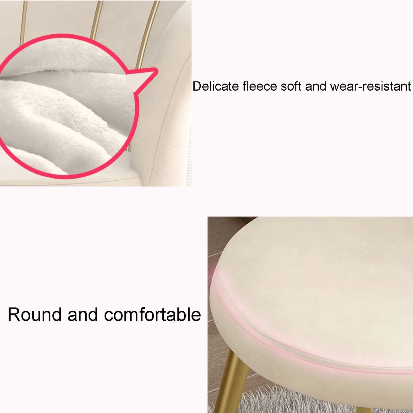 Silla de tocador blanca con respaldo, silla de salón en forma de concha con patas de metal dorado y asiento de tela acolchado para oficina en casa, dormitorio, cocina, elegante y cómoda