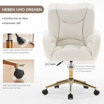 Silla de escritorio, silla giratoria, material de terciopelo, altura ajustable, ruedas giratorias 360°, silla de ordenador para la oficina en casa en interiores con patas doradas (Ivory)