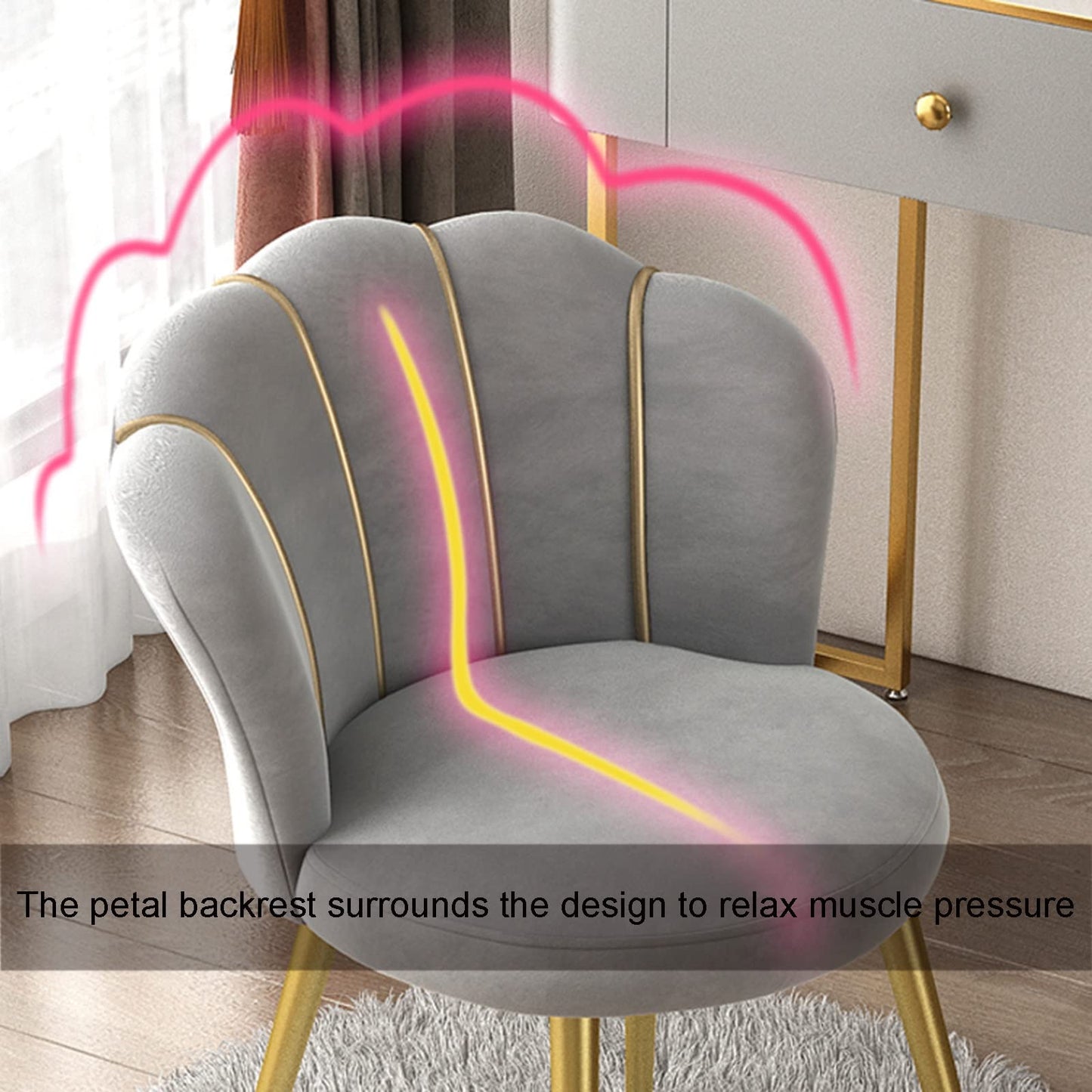 Silla de tocador blanca con respaldo, silla de salón en forma de concha con patas de metal dorado y asiento de tela acolchado para oficina en casa, dormitorio, cocina, elegante y cómoda
