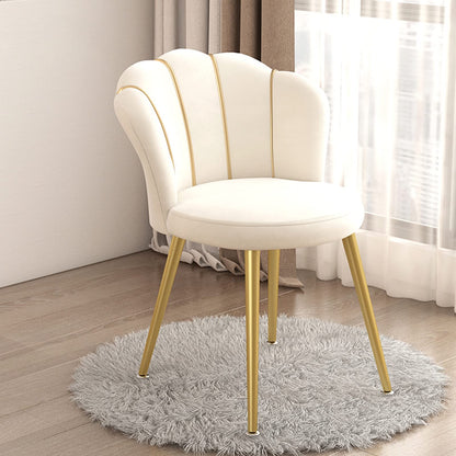 Silla de tocador blanca con respaldo, silla de salón en forma de concha con patas de metal dorado y asiento de tela acolchado para oficina en casa, dormitorio, cocina, elegante y cómoda