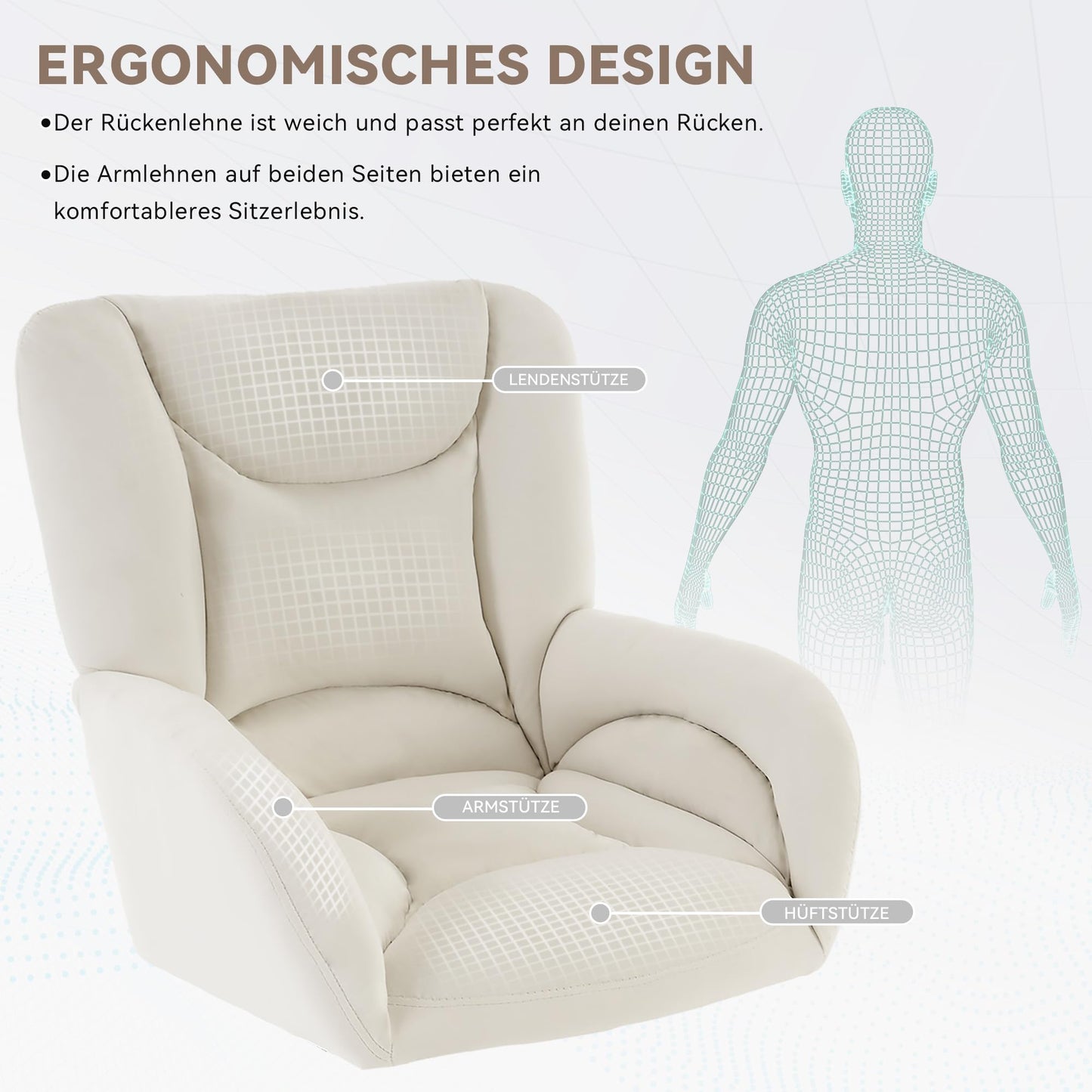 Silla de escritorio, silla giratoria, material de terciopelo, altura ajustable, ruedas giratorias 360°, silla de ordenador para la oficina en casa en interiores con patas doradas (Ivory)