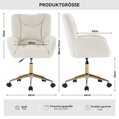 Silla de escritorio, silla giratoria, material de terciopelo, altura ajustable, ruedas giratorias 360°, silla de ordenador para la oficina en casa en interiores con patas doradas (Ivory)