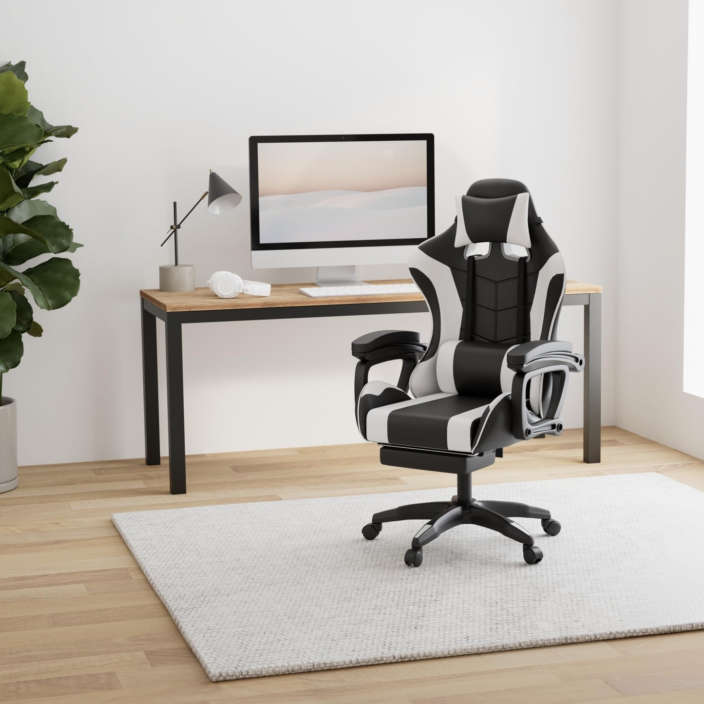 Silla ergonómica para videojuegos, silla de oficina, silla giratoria, ajustable, reposapiés reclinable, color blanco