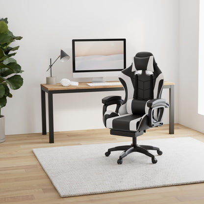 Silla ergonómica para videojuegos, silla de oficina, silla giratoria, ajustable, reposapiés reclinable, color blanco