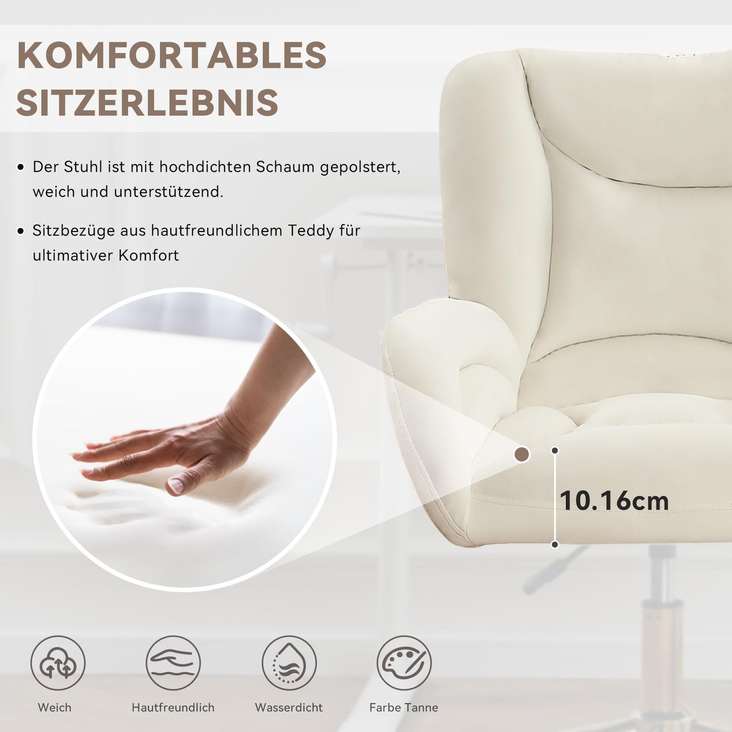 Silla de escritorio, silla giratoria, material de terciopelo, altura ajustable, ruedas giratorias 360°, silla de ordenador para la oficina en casa en interiores con patas doradas (Ivory)